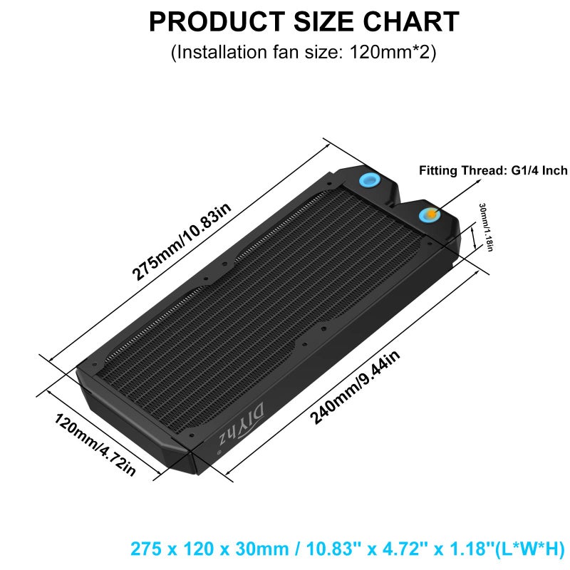 DIYhz Water Cooling Computer Radiator, 12 Pipe Thick Copper Heat Exchanger Liquid Cooling Radiator G1/4 Thread Heat Row Sink 240mm for CPU PC Laser Water Cool System DC12V Black - Image 2